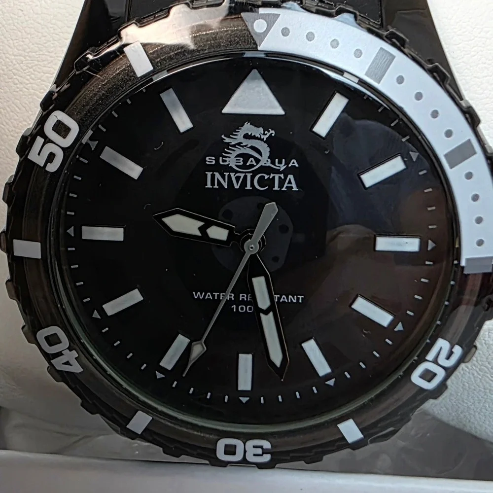 Invicta Subaqua 69447 Mens Watch Black Acrylic 44mm Case Silicone Strap 100M